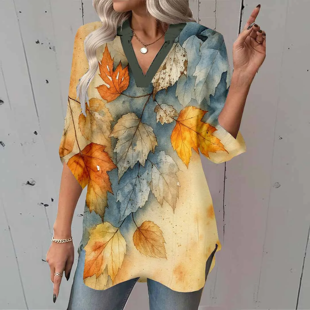 Women Leaves, Yellow DZGA0350 3/4 Sleeve V-neck Printed Graphic Button Tops