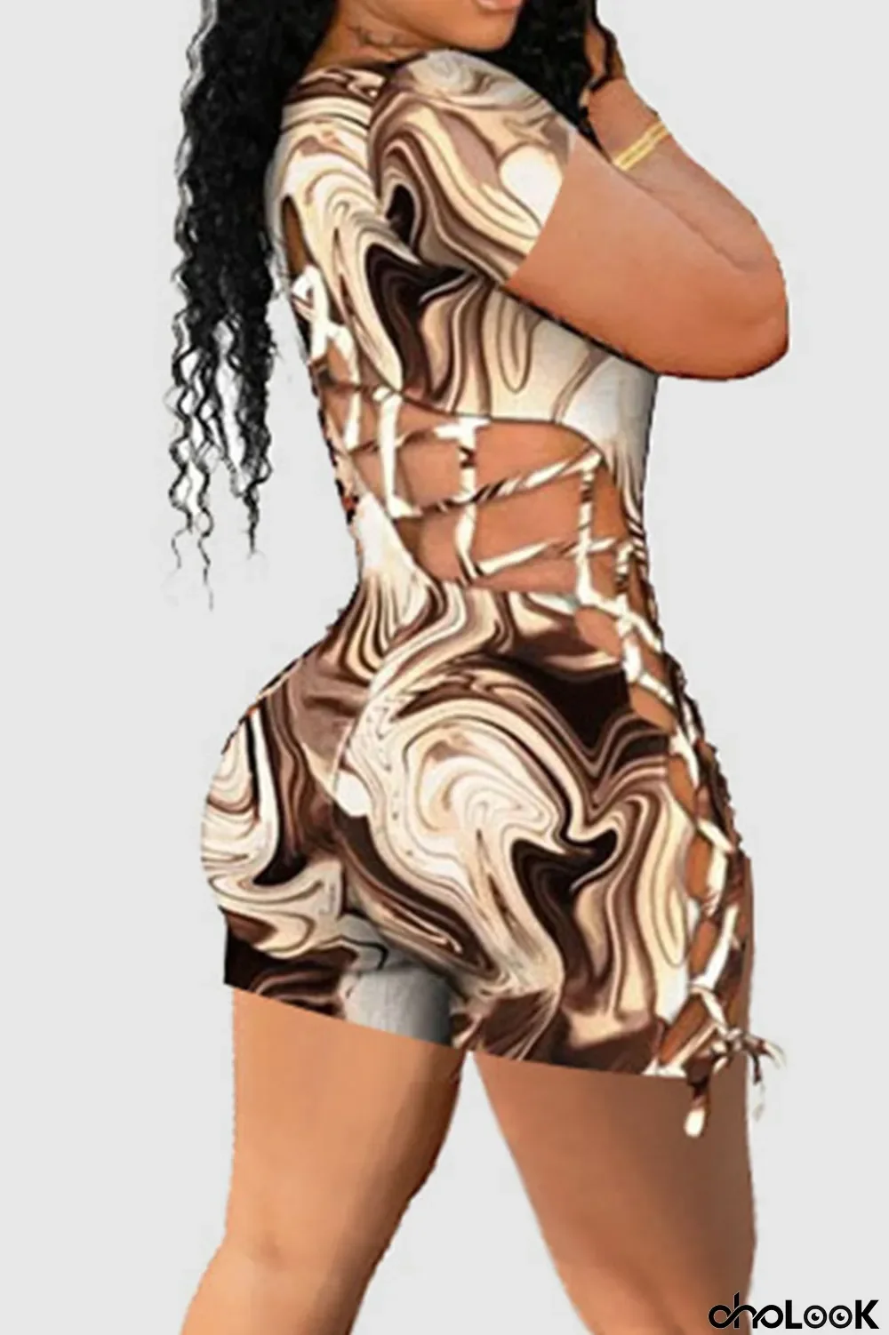 Light Brown Sexy Print Hollowed Out Split Joint Backless O Neck Regular Jumpsuits