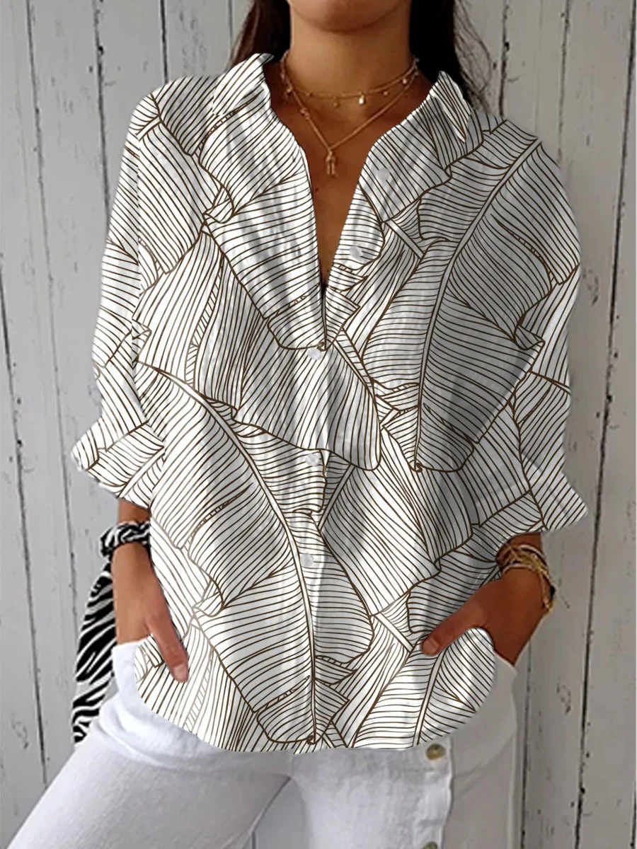 Women's Fashion Leaf Art Print Casual Linen V-neck Shirt