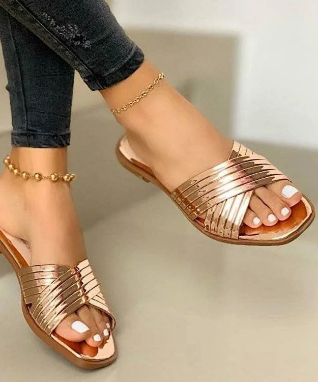 0508Chic Rose Gold Splicing Faux Leather Plus Size Slide Sandals