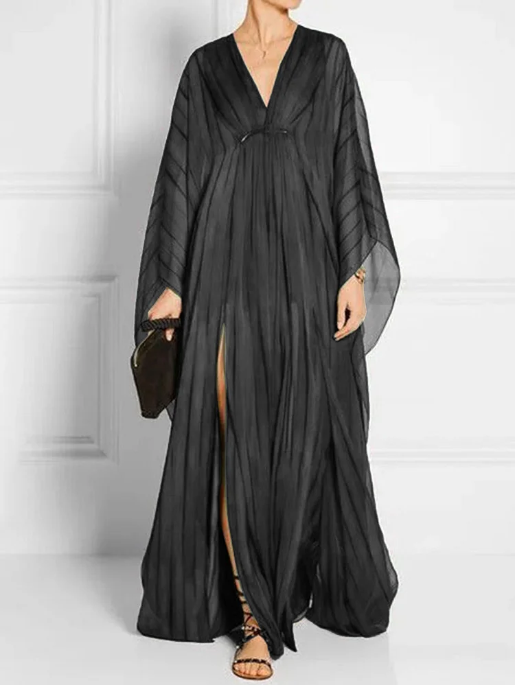 Elegant Plain Striped V Neck Long Sleeve Split Hem Maxi Dress