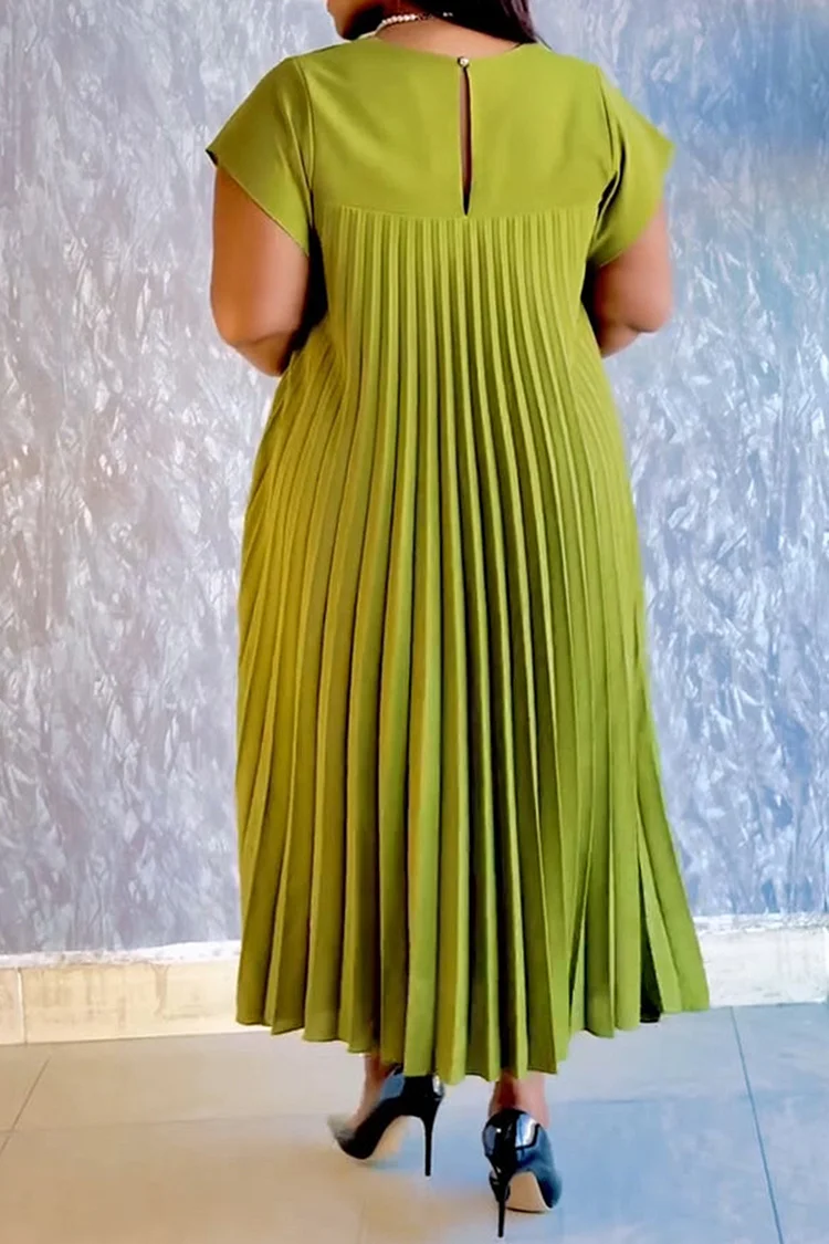 Plus Size Business Casual Green Elegant Round Neck Short Sleeve 3D Pleated Midi Dresses