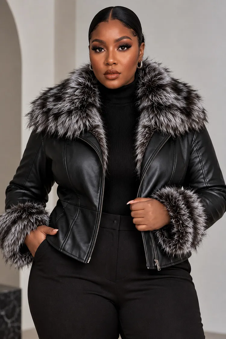 Xpluswear Design Plus Size Daily Faux Fur Black Turndown Collar Long Sleeve Zipper Contrast PU Leather Jacket [Pre-Order] 2024 - Xpluswear