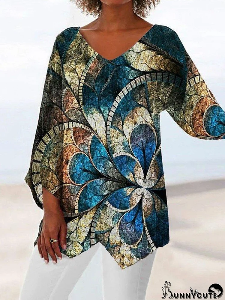 Women Asymmetrical 3/4 Sleeve V-neck Printed Graphic Top Dress