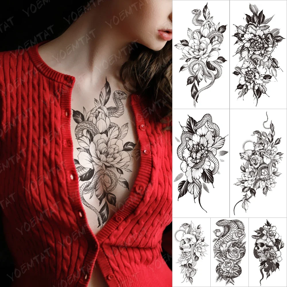 Waterproof Temporary Tattoo Sticker Snake Animal Tattoos Rose Peony Butterfly Flowers Body Art Arm Fake Sleeve Tatoo Women