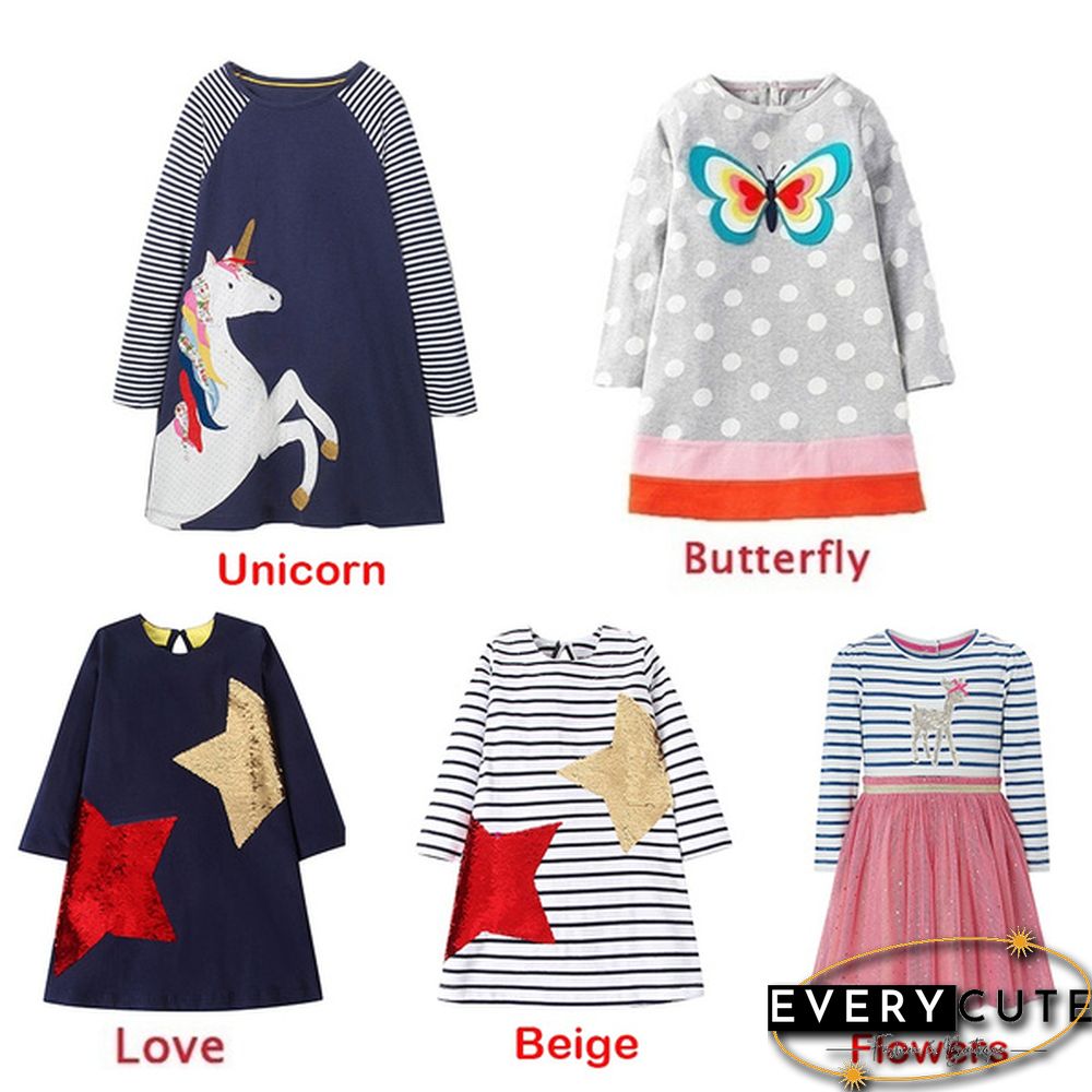 Toddler Baby Girls Kids Autumn Clothes Cute Cartoon Applique Long Sleeve T-Shirt Dress