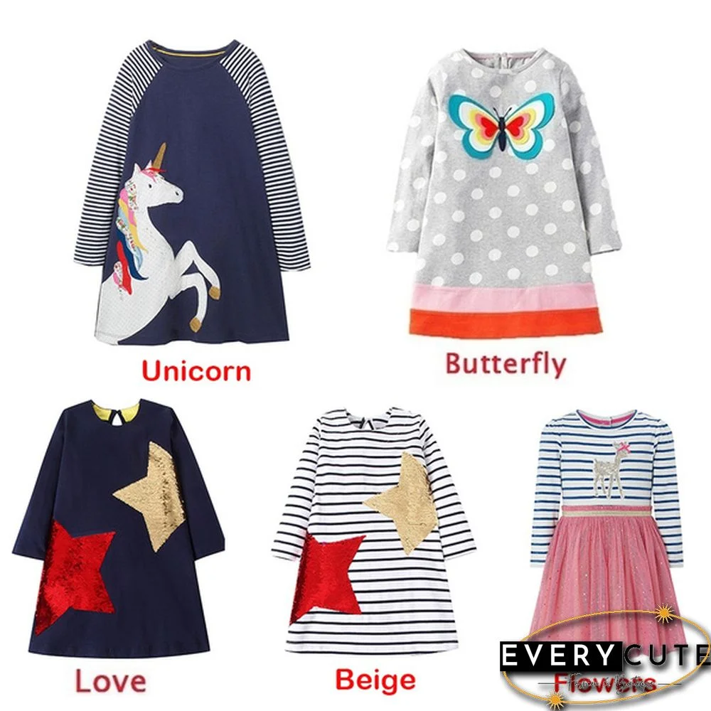 Toddler Baby Girls Kids Autumn Clothes Cute Cartoon Applique Long Sleeve T-Shirt Dress