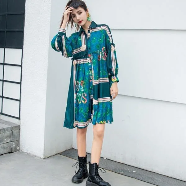 Women Trendy Fashion New Style Patchwork Ruffles Turn Down Collar Long Lantern Sleeve Elegant