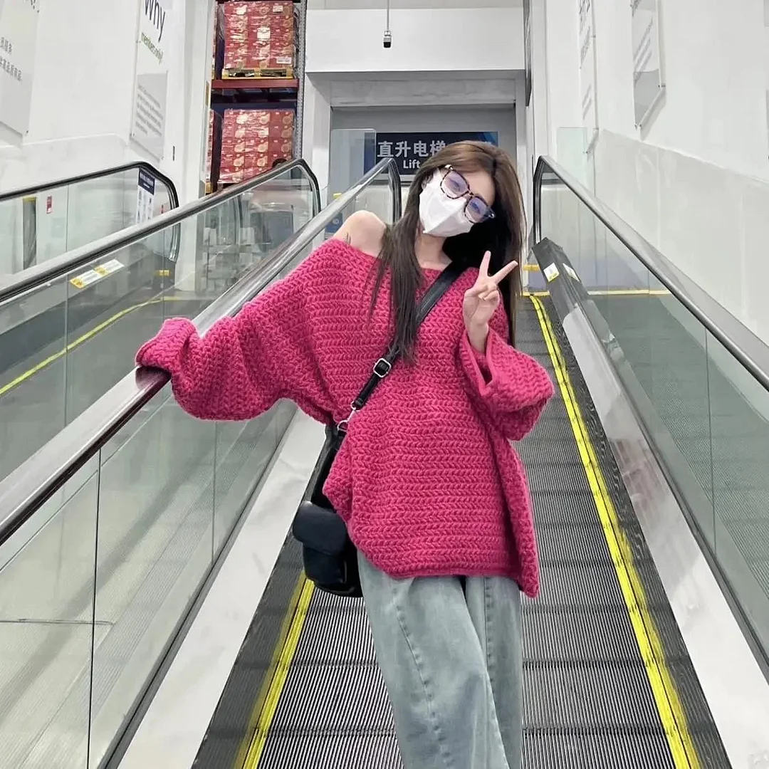 Tlbang Korean Fashion Oversized Sweater Women Harajuku Vintage Off Shoulder Knitted Jumper Loose Casual Y2K Tops High Street