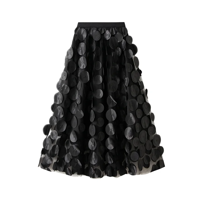 Nigikala Nigikala Industry Three-Dimensional Wave Point Black Mesh Half-Body Dress 2025 New Design Sense Hepburn Style Long Umbrella Skirt 0931