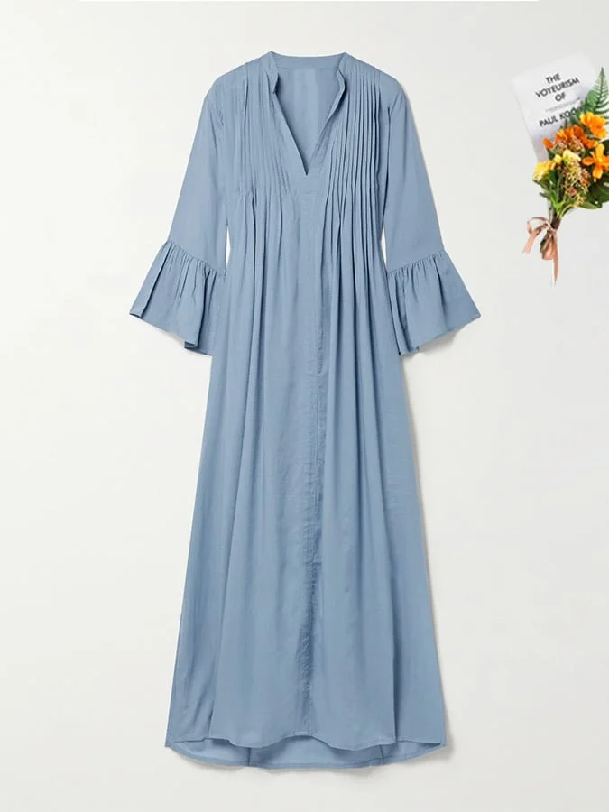 Women's Casual Loose Ruffled Bell Sleeve V-Neck Solid Color Dress