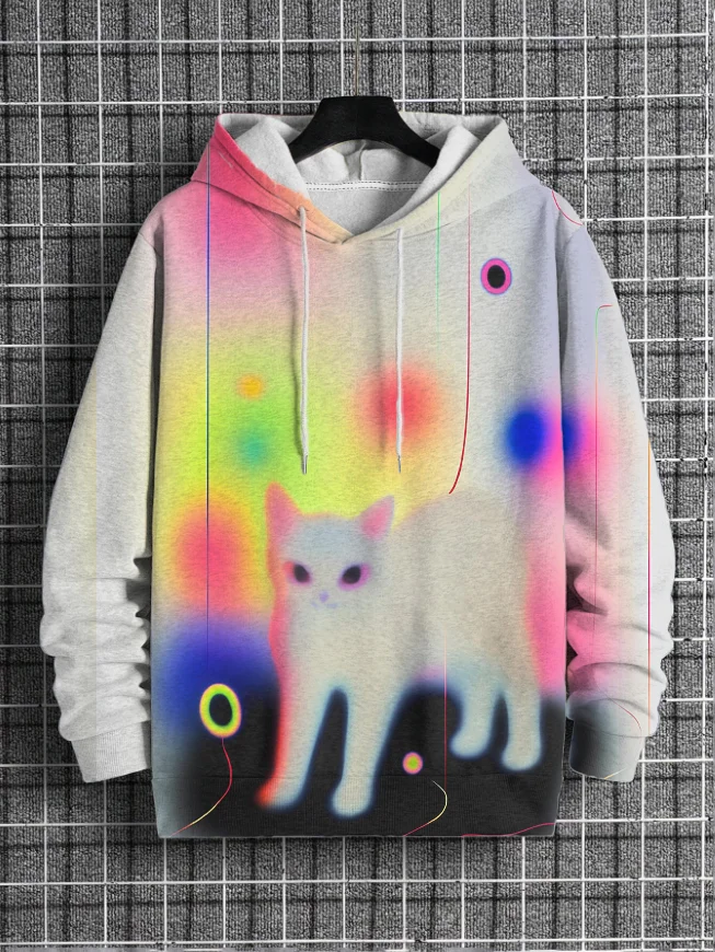 Men's Gradient Dyeing Cat Art Print Casual Hoodie
