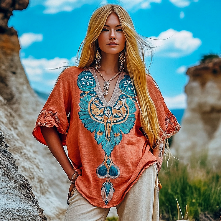 Utbros Vintage Tribal Sheep Head Embroidery Art V-neck Linen T-shirt