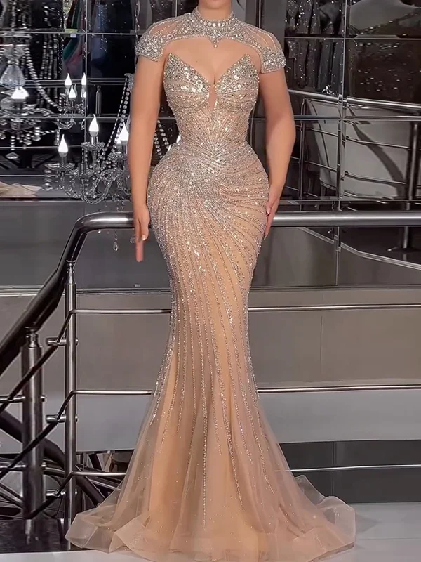 Sequinned Flower Embroidered Sleeveless high-neck mermaid mesh Evening Maxi Dresses