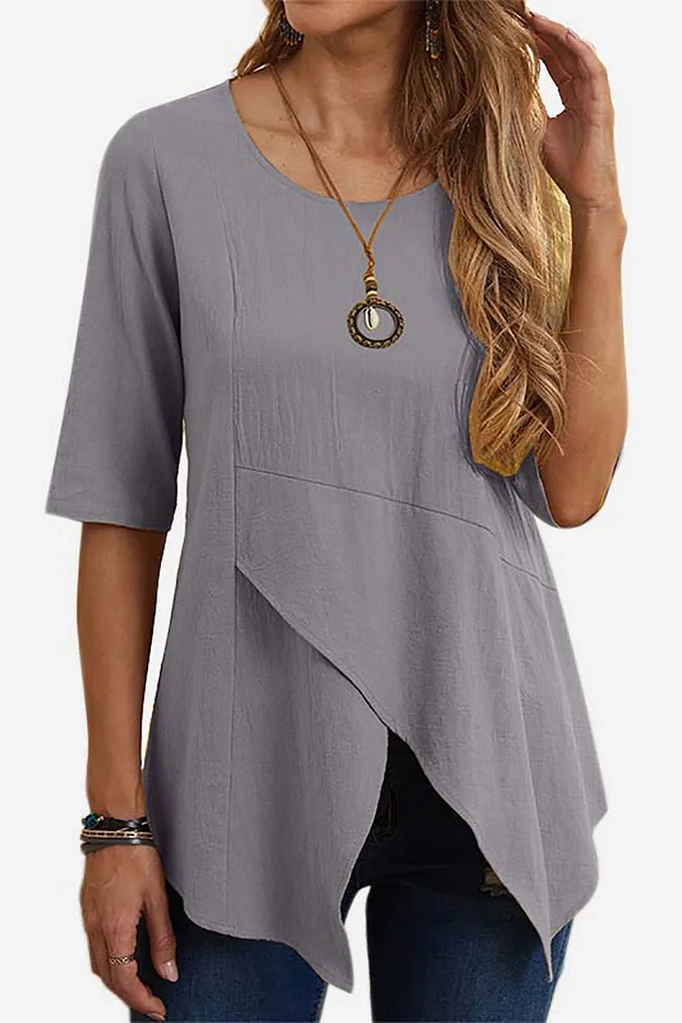 Half Sleeve Round Neck Irregular Split Hem Linen Casual Top