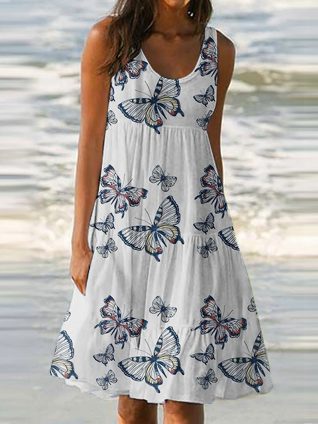 Women'S Dresses Butterfly Print Crew Neck Sleeveless Dress