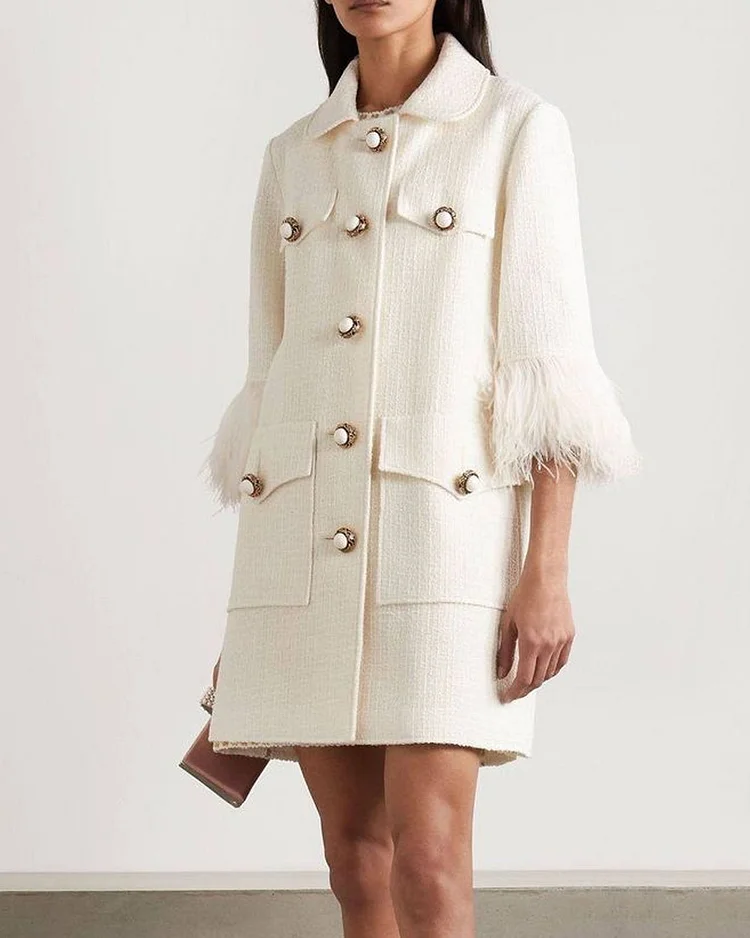 Feather-trimmed Wool-blend Tweed Coat