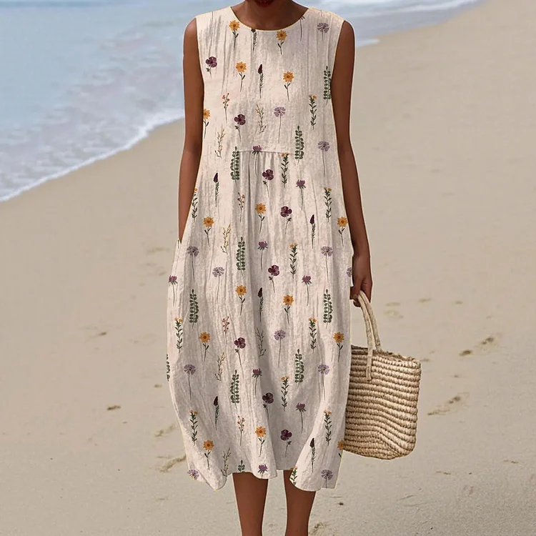 VChics Women's Vintage Floral Print Sleeveless Cotton Dress