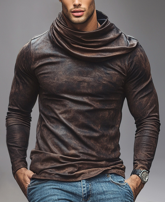 Okaywear PU Leather Cowl Neck Long Sleeve T-shirt