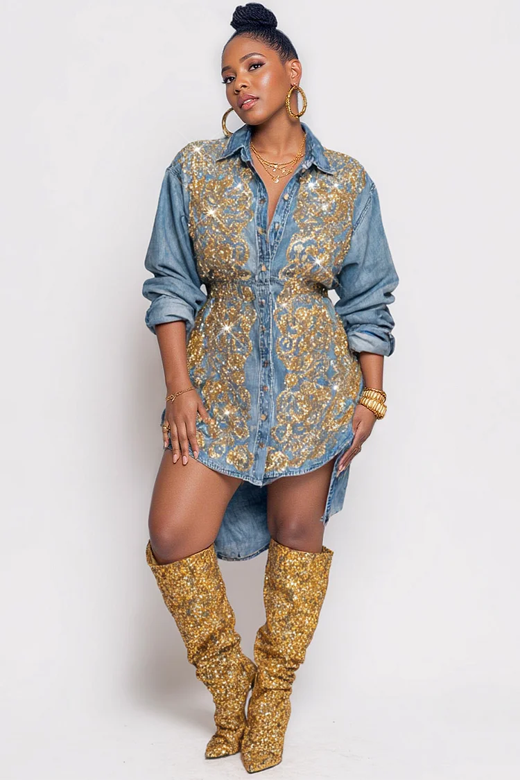 Xpluswear Design Plus Size Daily Blue Shirt Collar Long Sleeve Sequin Casual Asymmetric Hem Denim Shirt Dresses [Pre-Order]
