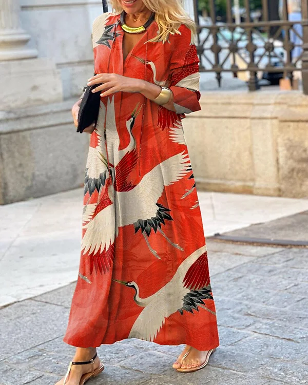 Japanese Retro Crane Print V Neck Long Sleeve Dress