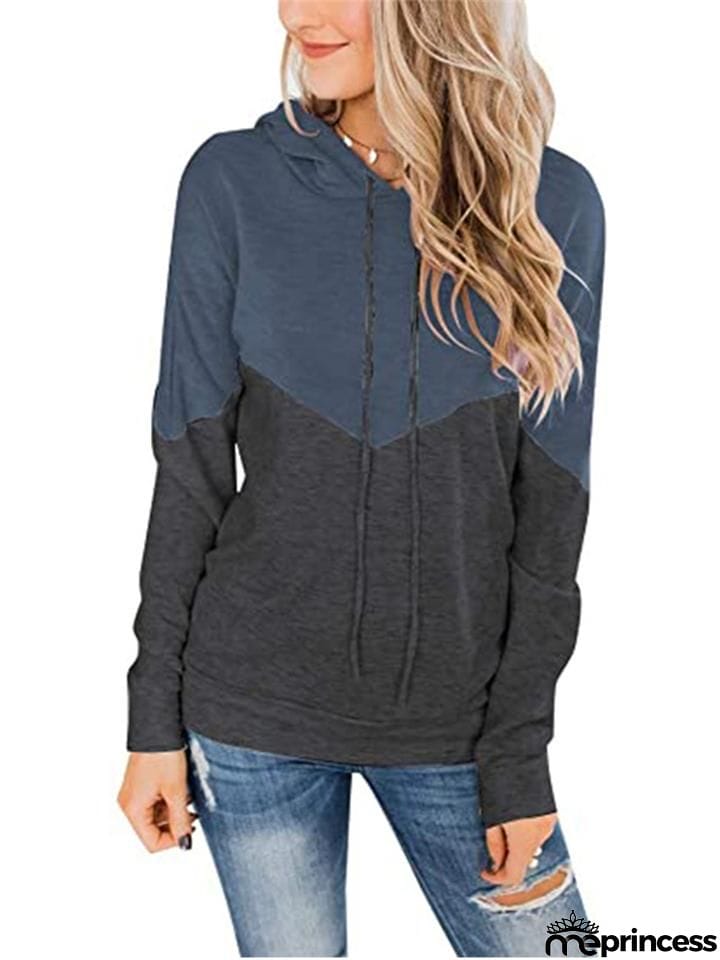 Women Color Block Drawstring Long&nbsp;Sleeve Pullover Hoodie
