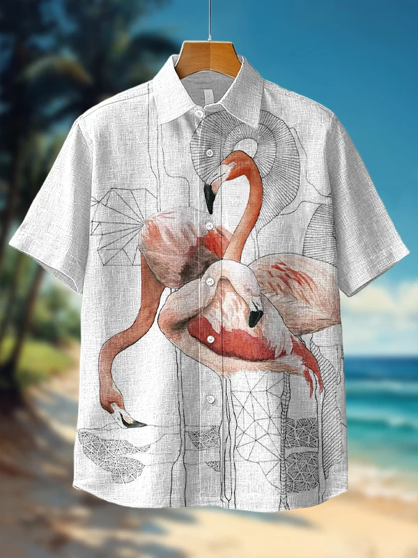 Men's Flamingo Line Watercolor Art Short Sleeve Shirt