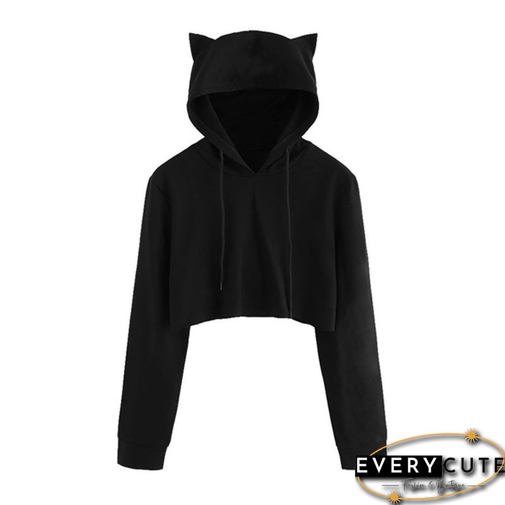 Cute Womens Sweatshirts Hoodie Crop Tops Solid Cat Ear Cropped Sweatshirt Hooded Pullover