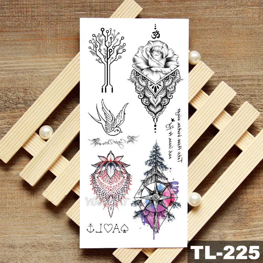Sdrawing Owl Compass Waterproof Temporary Tattoo Sticker Flower Wolf Mountain Flash Tattoos Body Art Fake Arm tatoo Women