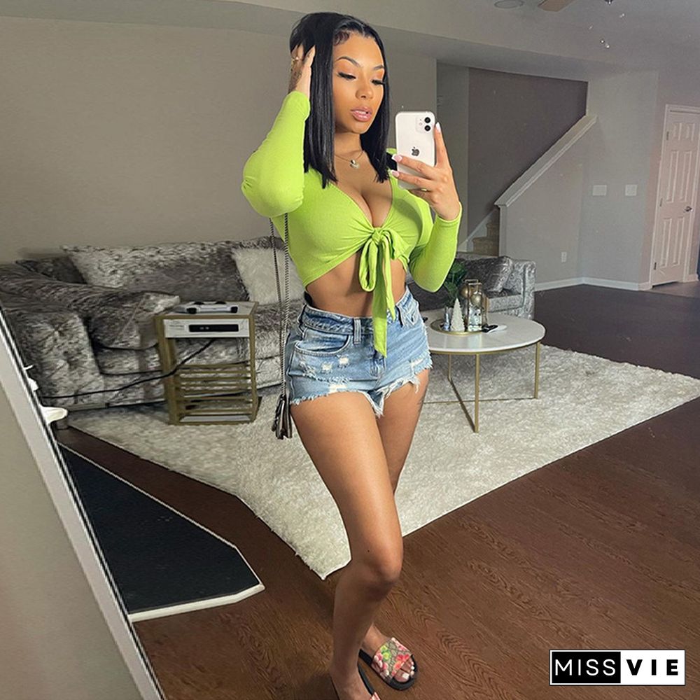 Summer New Arrivals Women Knitted Deep V-Neck Long Sleeve Sexy Solid Color Lace-Up Skinny Crop Tops