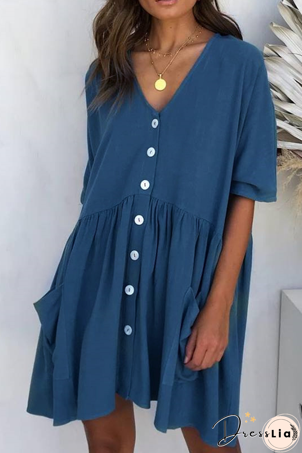 Casual Solid Pocket Buckle V Neck A Line Dresses