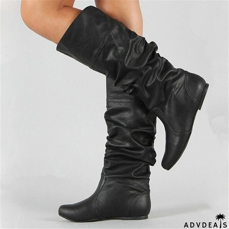 Fashion Slouch Leather Mid-Calf Flat Boots