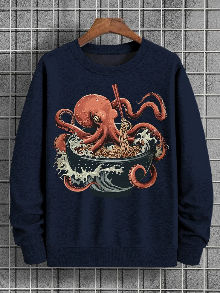 Men's Japanese Art Octopus Loves Ramen Print Cotton Casual Sweatshirt
