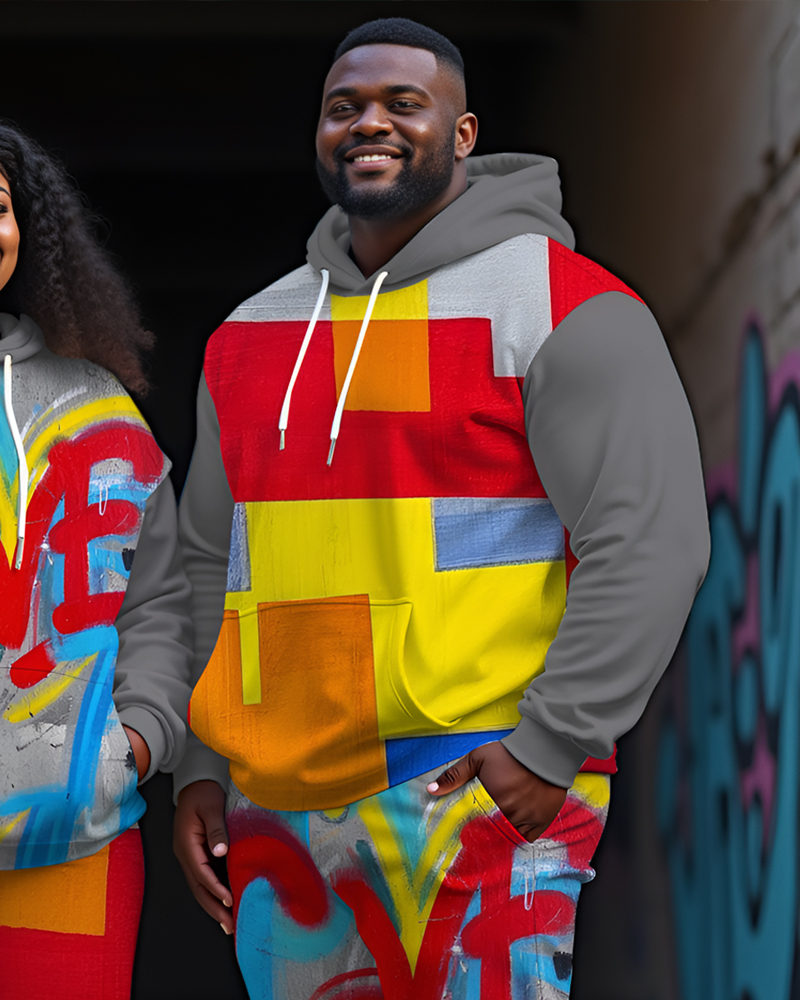 Couple Plus Size Street Love Couple Doodle Print Hoodie Set