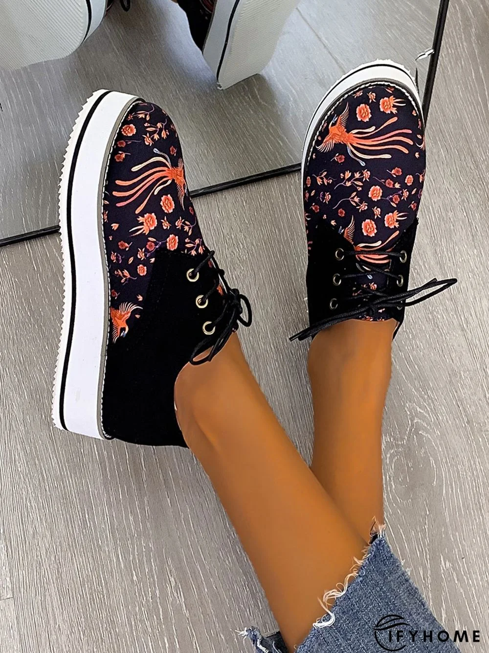 Floral Printed Patchwork Lace Up Shoes | IFYHOME