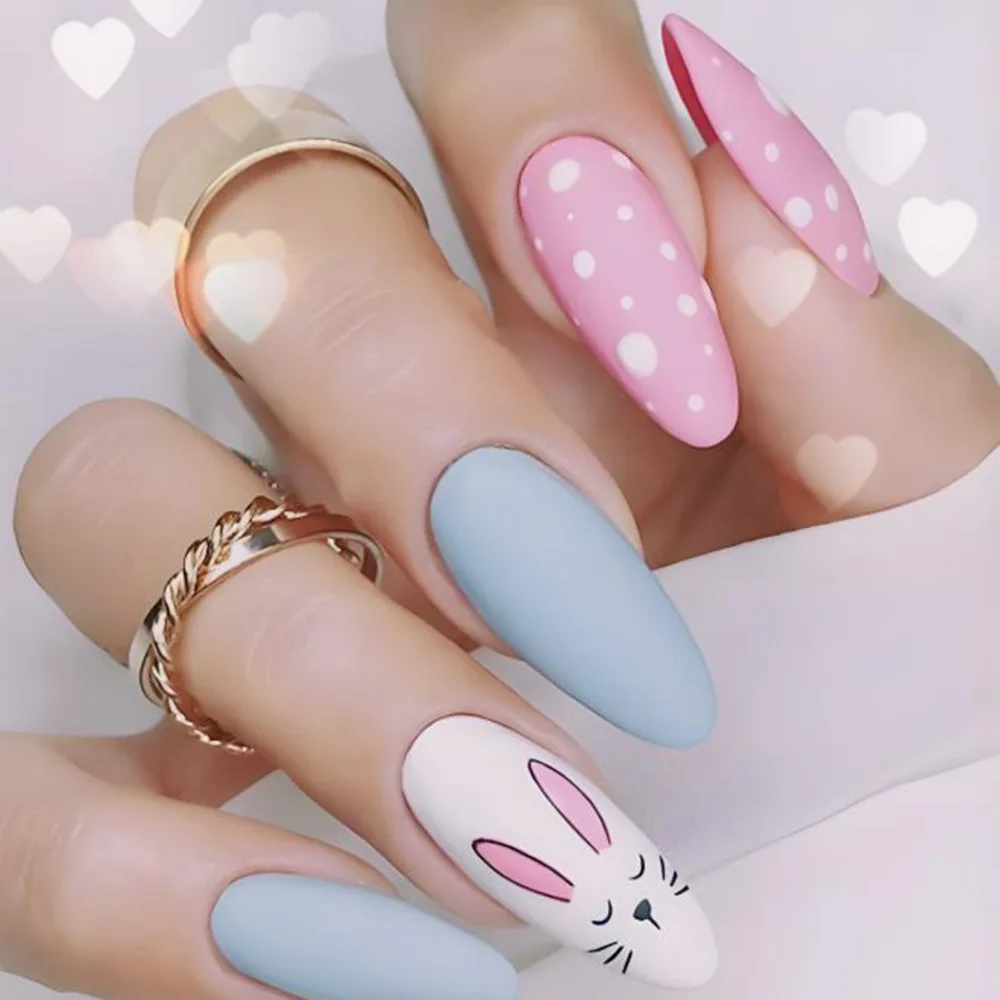 Bonusbuk 24Pcs French Fake Nails With Green Leaf Print Design Long Stiletto False Nail Wearabe Almond Press on Nails Full Cover Nail Tips