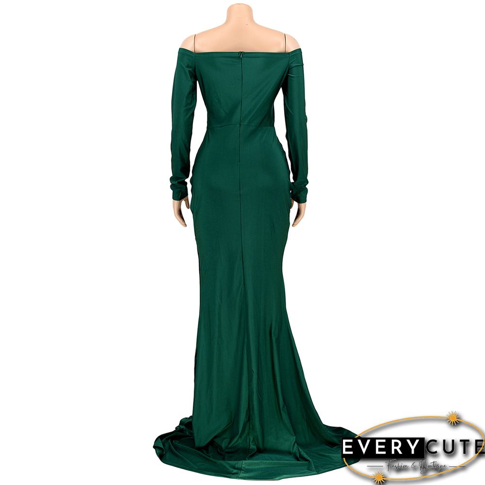 Green V Neck High Split Long Sleeve Party Dress