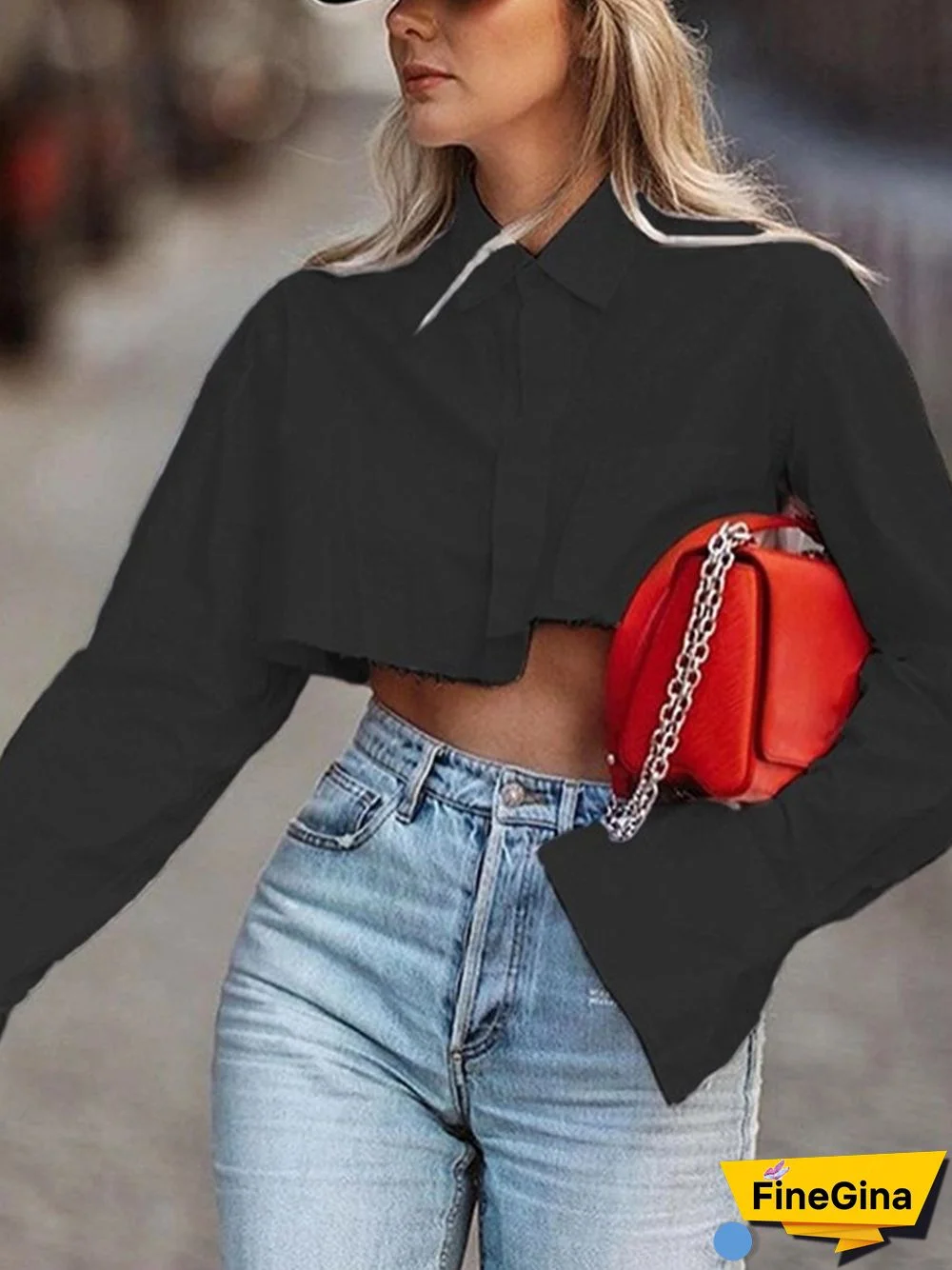 Ultra Short Solid Color Long Sleeve Shirt P16097