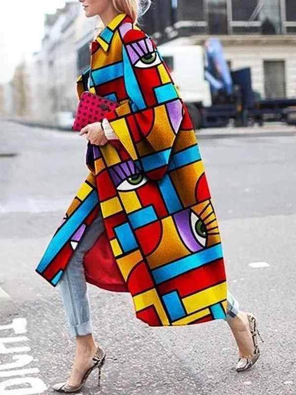 Long Flared Sleeve Print Loose Trench Coat