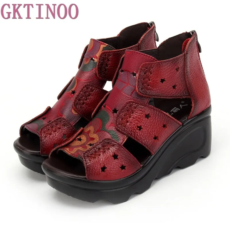 2022 Ethnic Style Genuine Leather Women Shoes Sandals Wedges Sandals Handmade Genuine Leather Women Sandal