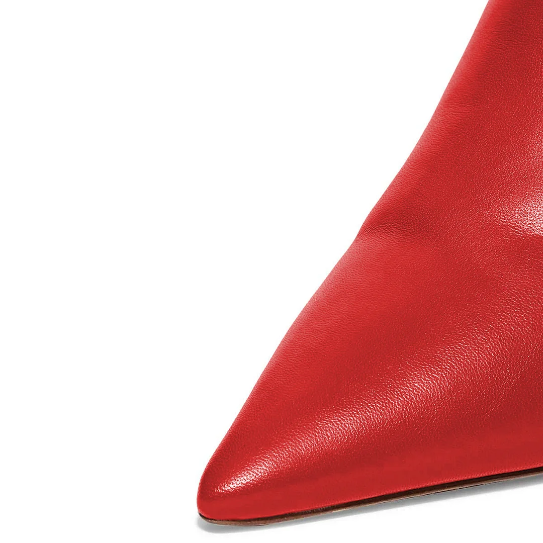 Red Vegan Leather Pointed Toe Back-Zip Kitten Heel Classy Ankle Boots
