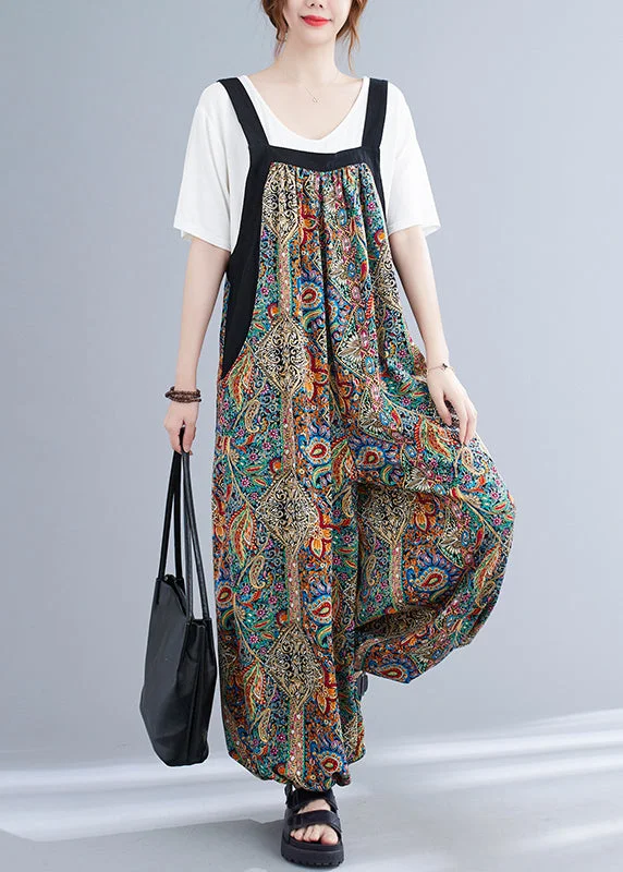 Fashion Green Oversized Print Pockets Spandex Jumpsuit Summer