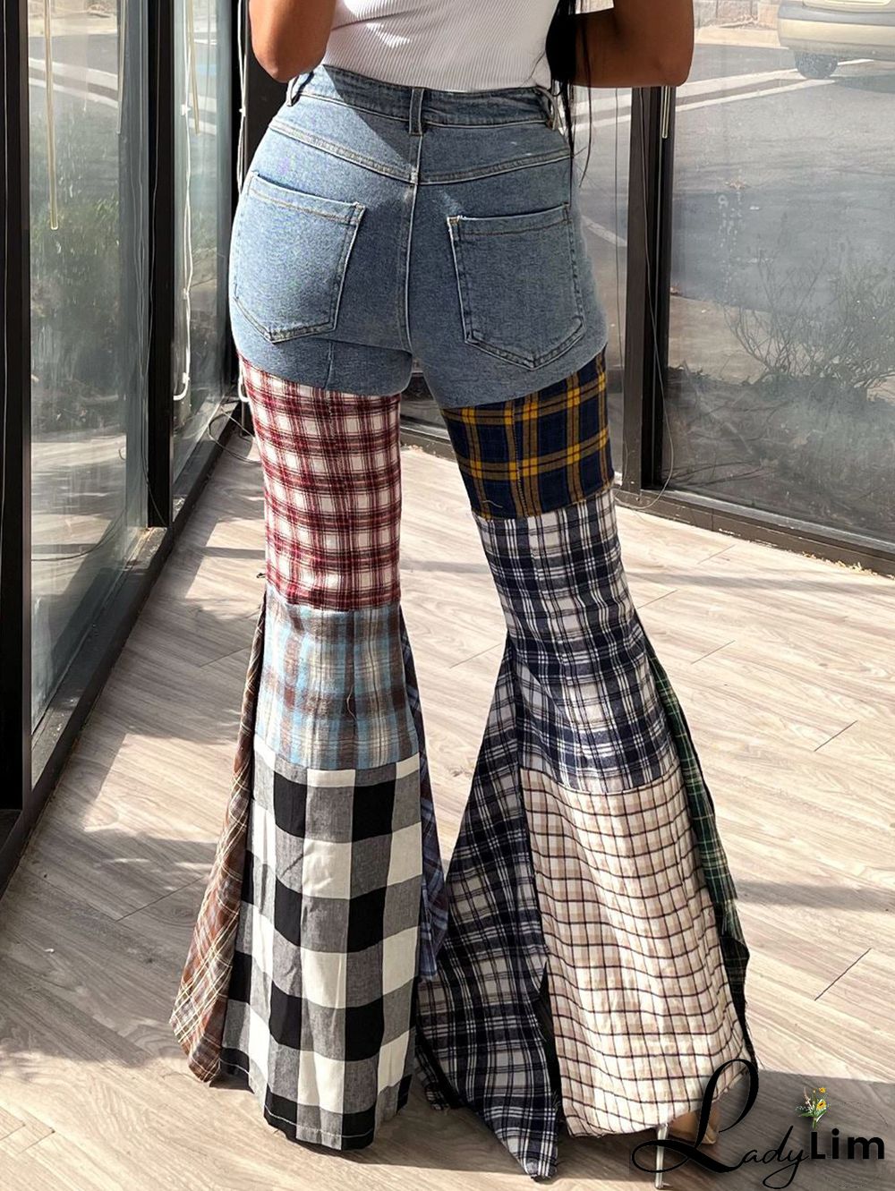 Fashion Plaid Patchwork Denim High Waisted Flared Pants