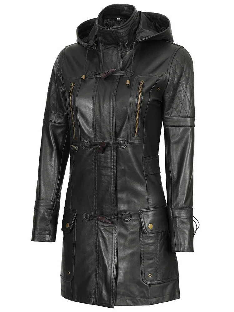 Women’s Black 3/4 Length Leather Coat With Hood QueenFunky
