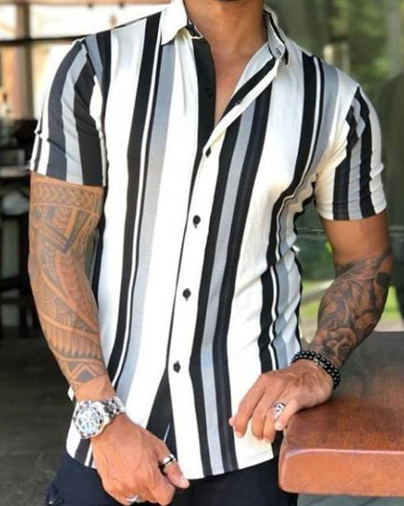 Casual Striped Print Slim Short Sleeve Shirt
