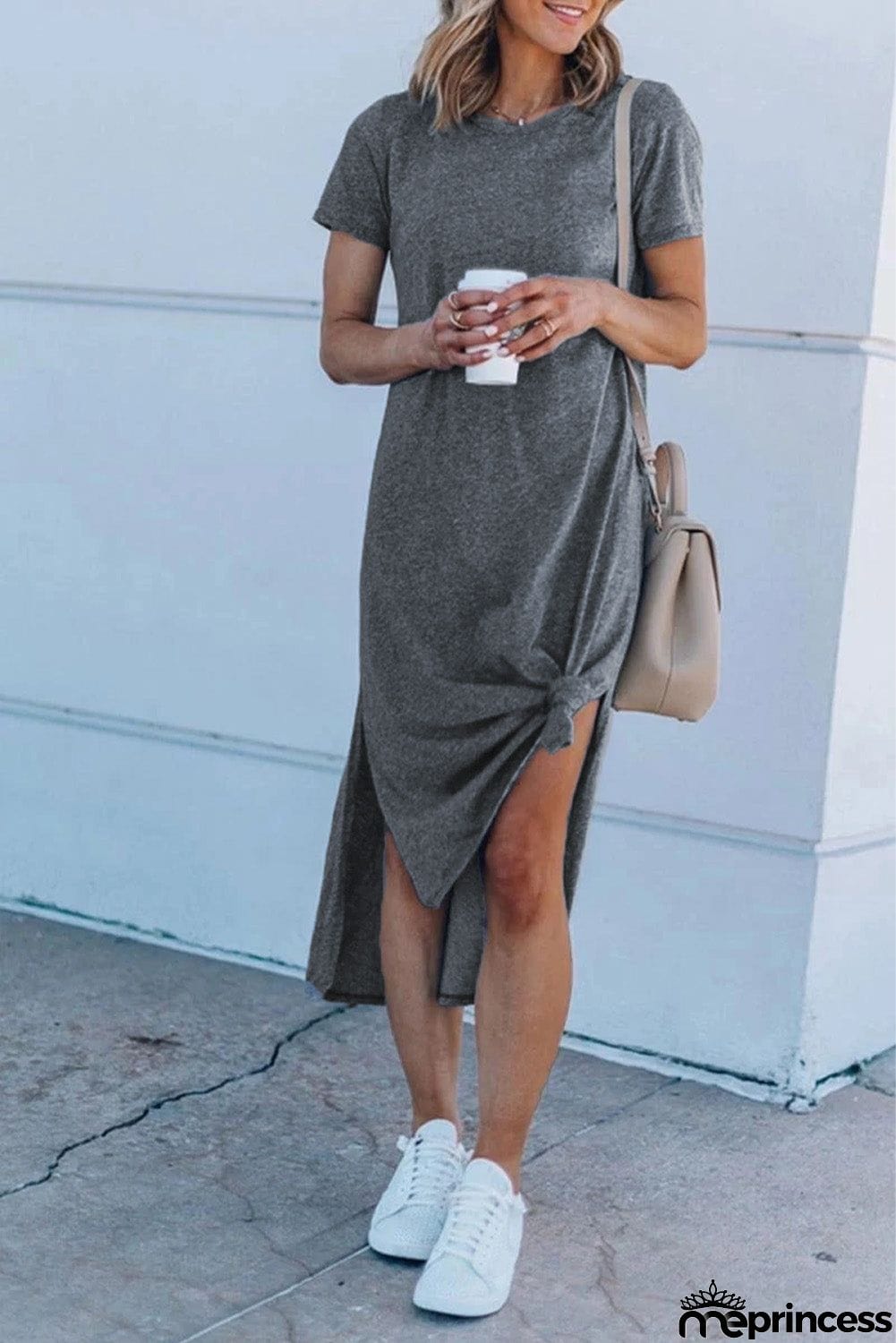 Casual Short Sleeve T-shirt Midi Dress with High Splits