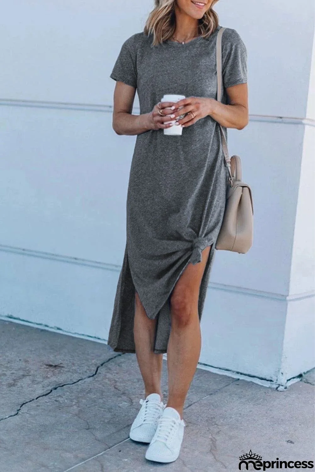 Casual Short Sleeve T-shirt Midi Dress with High Splits