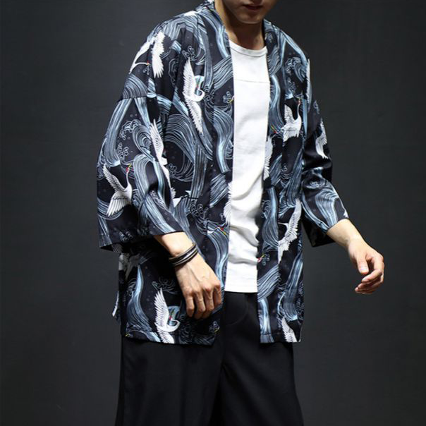 Japanese Style three-quarter sleeve kimono cardigan men's summer thin half-sleeved casual loose printed shirt robe sun protection clothing