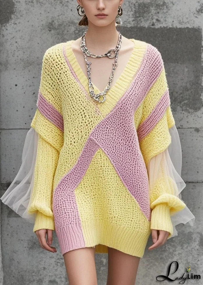 Elegant Yellow V Neck Patchwork Tulle Knitwear Dress Fall