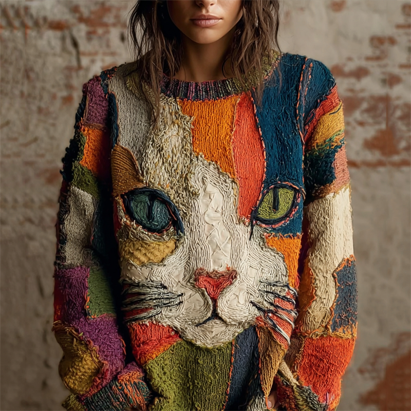 Vintage Abstract Cat Face Colorblock Patchwork Cozy Knit Sweater